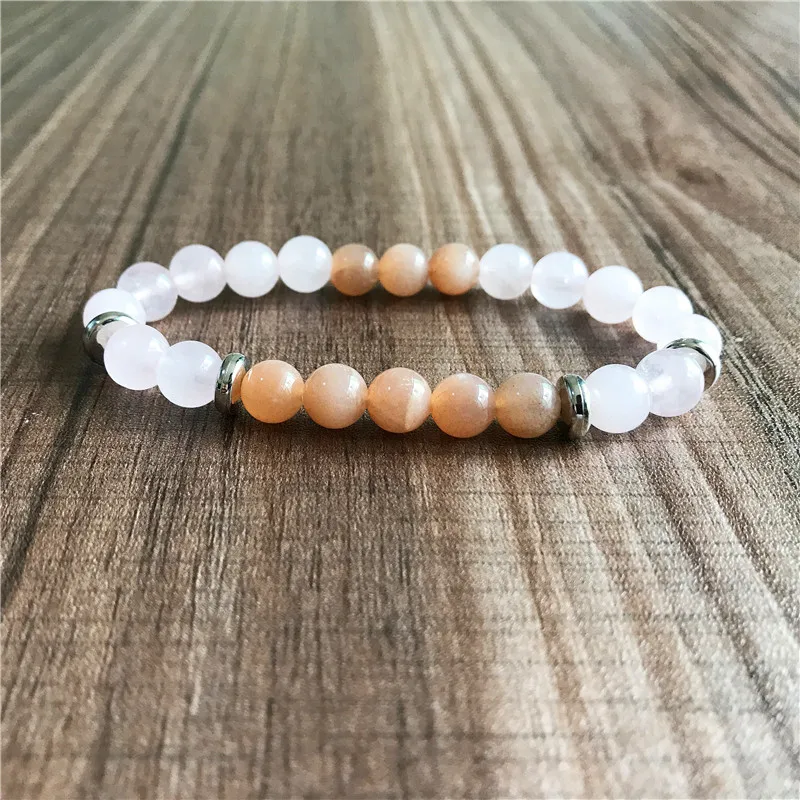 Mode Natürliche RoseQuartz & Sonnenstein Armband Handgelenk Mala Armband Elastische armbänder Rosa Mädchen Geschenk Yoga Schmuck – Detail 1