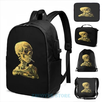 

Vincent Van Gogh - Skull of a Skeleton with Burning Cigarette USB Charge Backpack men School bags Travel laptop bag