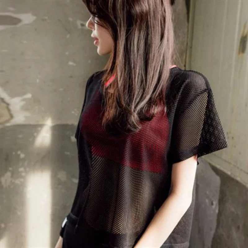 Short Sleeve Tshirt Women Mesh Top O Neck Hollow Out Sexy Punk Rock Short Crop Top White Loose T-shirt Fishnet Black