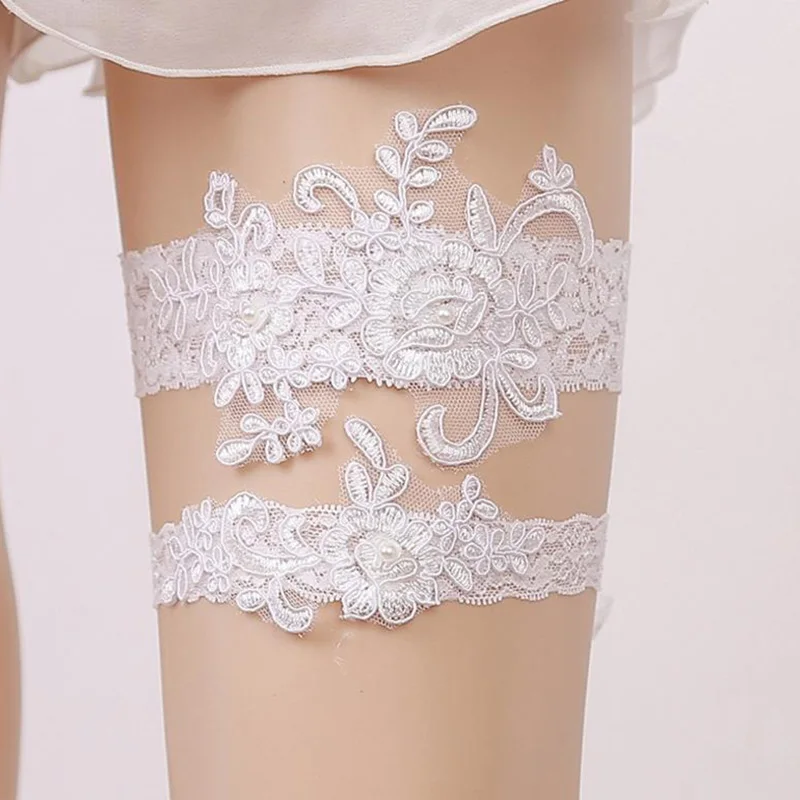 2pcs Set Sexy Wedding Garters Lace Embroidery Floral Garters Bridal Leg Garter Bridal Lace Leg Ring Loop