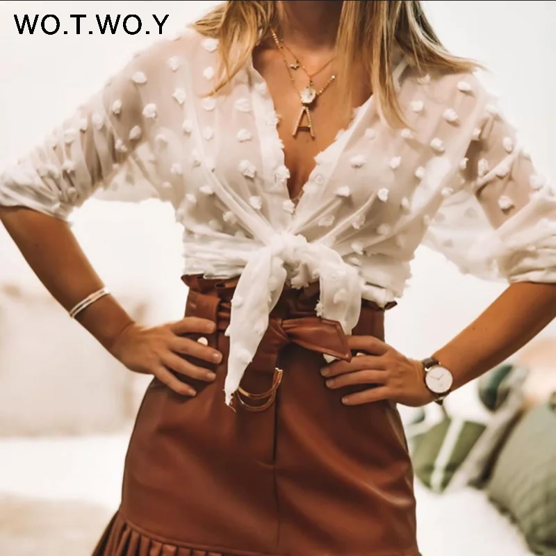 

WOTWOY Spring Summer Sexy Women's Blouse 2019 Button Turn Down Collar Black White Female Shirts 3/4 Sleeve Thin Tops Women