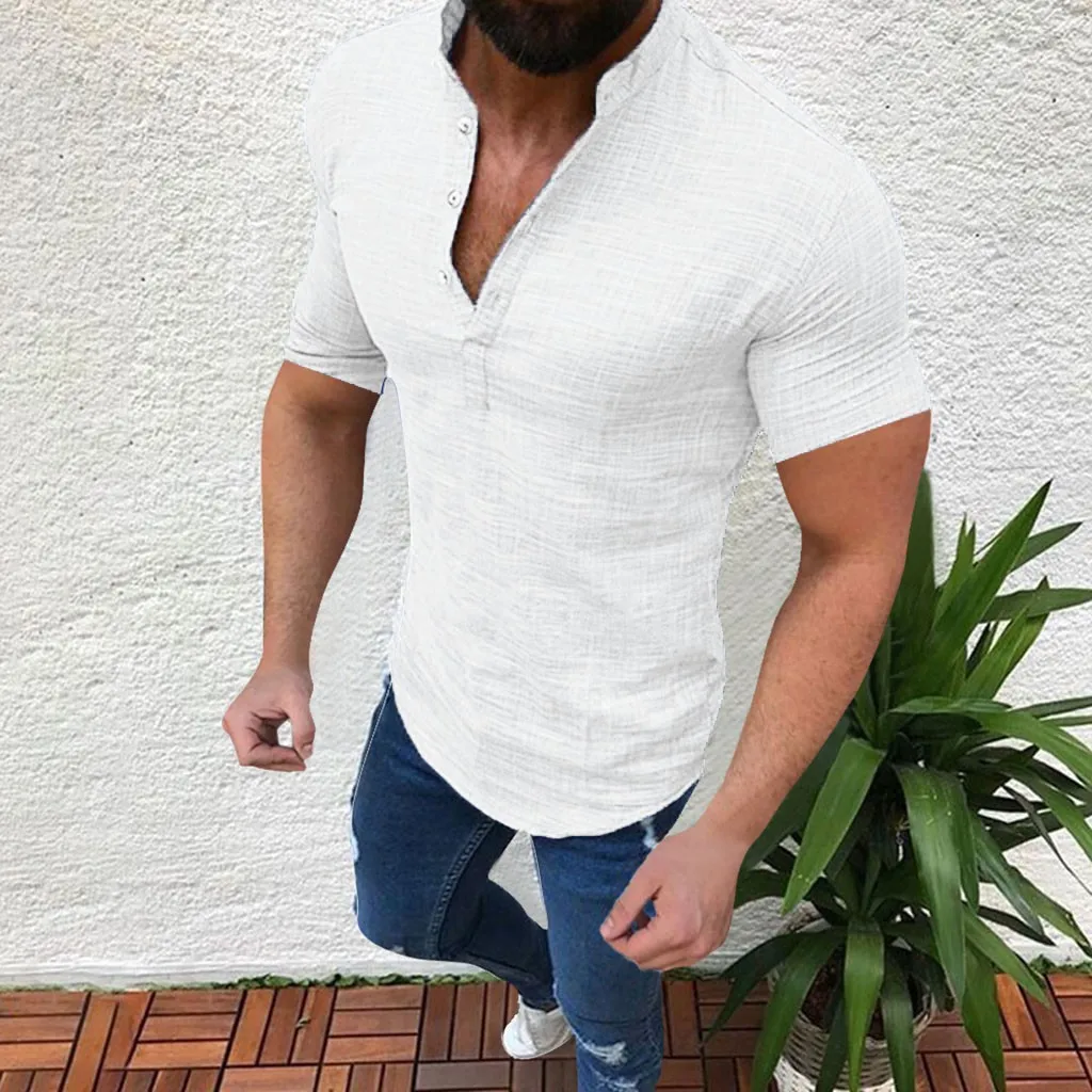 Camisas De lino y algodón para Hombre, blusa suelta informal, camiseta De manga corta con botones, ropa blanca, 2021