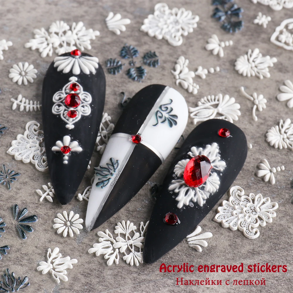 5D Acrylic Nail Sticker Engraved Flower Sliders Embossed Lace Wedding Nail Art Design Monogram Decals Manicure nail stickers nail art decoration nail decals