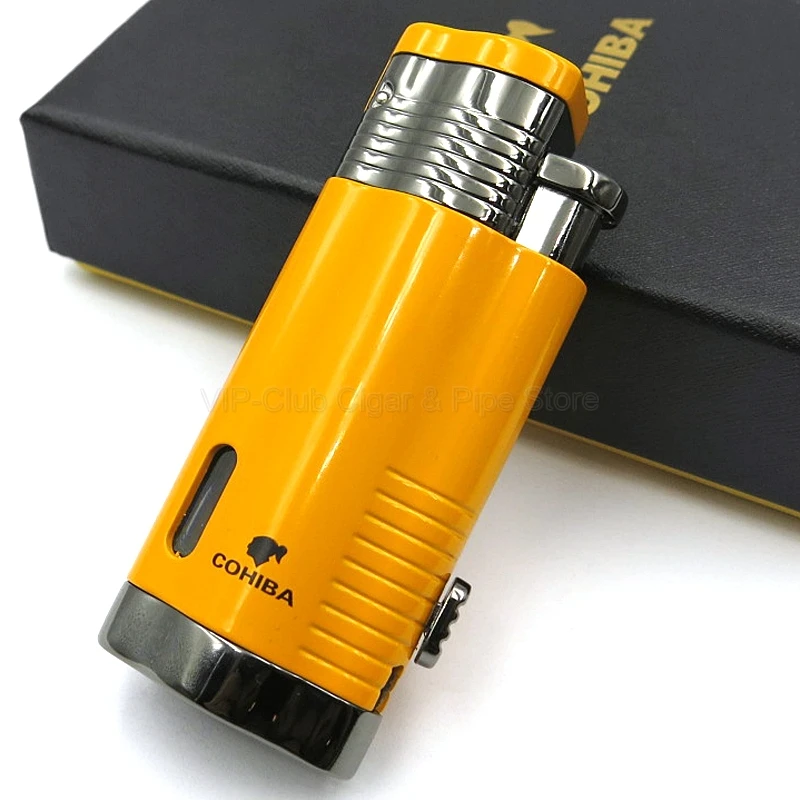 COHIBA металлическая желтая сигарета Табак Зажигалка 3 фонарь струя пламени W/удар ветрозащитный Открытый курительный инструмент многоразового использования