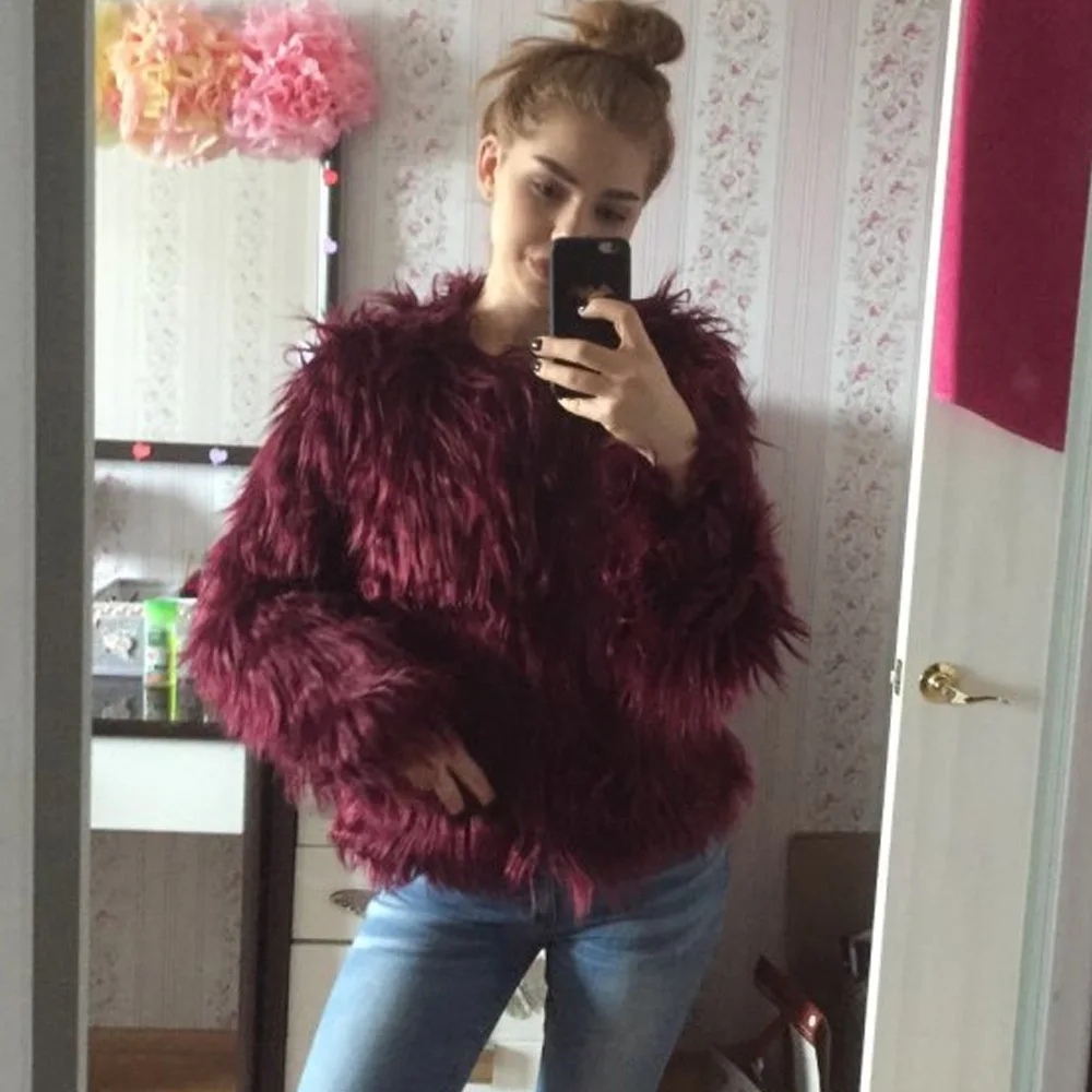 Женское пальто из искусственного меха, пушистое, теплое, с длинным рукавом, женская верхняя одежда, осень-зима, модное, женское, пушистое пальто без воротника - Цвет: Бургундия