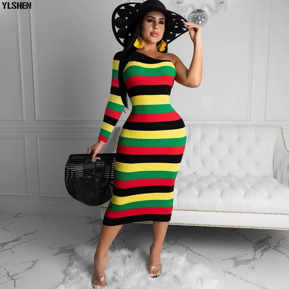 African Dresses for Women Dashiki Rainbow Striped Clothes Plus Size Autumn Printed Retro Bodycon Long Africa Woman Dress | Женская