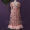 plus size 5xl Rhinestone Diamonds Strawberry Pink Mesh Maxi Dress Women Short Puff Sleeve Sexy V-neck Lace-up Bow Tunic Lolita ► Photo 1/5