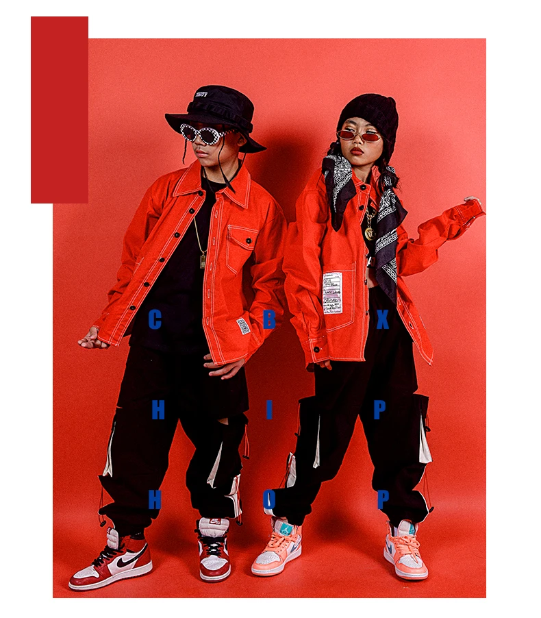 Hip Hop Costumes Street Dance Set Boys Red Shirt Girls Modern Performance Clothing Jazz Cheerleader Stage Rave Outfit Kid DN4624