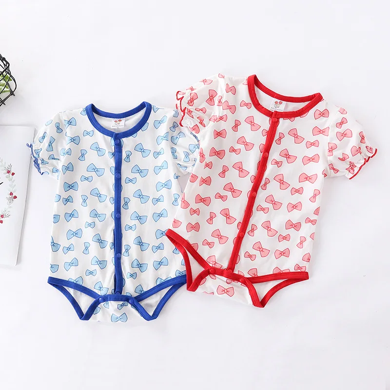 

2019 Summer New Style Infant Open Front Jumpsuit Baby Bodysuit Romper Triangle Crawling Clothes Short Sleeve Printed Bow Onesie