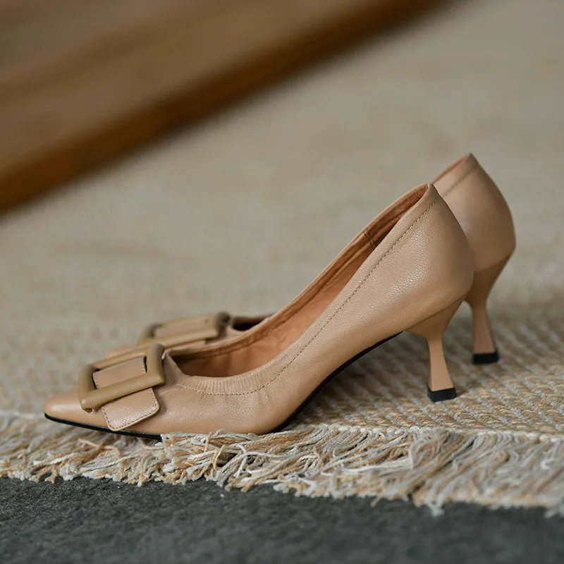 2022 HOT Elegant Buckle Show Thin Women's Sandals Solid Soft Leather Pointed Toe Fashion Brand High Heels Women Shoes