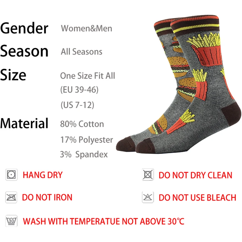 High Quality Combed Cotton Socks Food Pattern Long Tube Funny Happy Men Socks Colorful Novelty Skateboard Crew Casual Crazy Sock