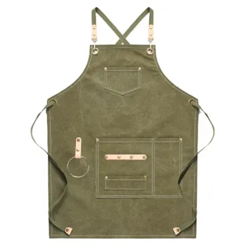 

Green Canvas Apron Bib Leather Chef Kitchen Apron for Women Men Barista Bartender Pockets Home Barber Cook Coffee Restaurant