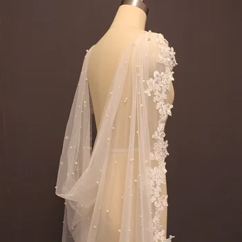 

High Quality Pearls Wedding Bolero Lace Long 2.5 Meters Bridal Cape with Lace Edge White Ivory Bride Jacket Wedding Accessories