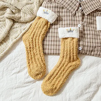 

1pair Women Fluffy Socks Crown Embroid Princess Candy Color Soft Winter Warm Thick Home Floor Socks Ladies Terry Towel Wool Sock