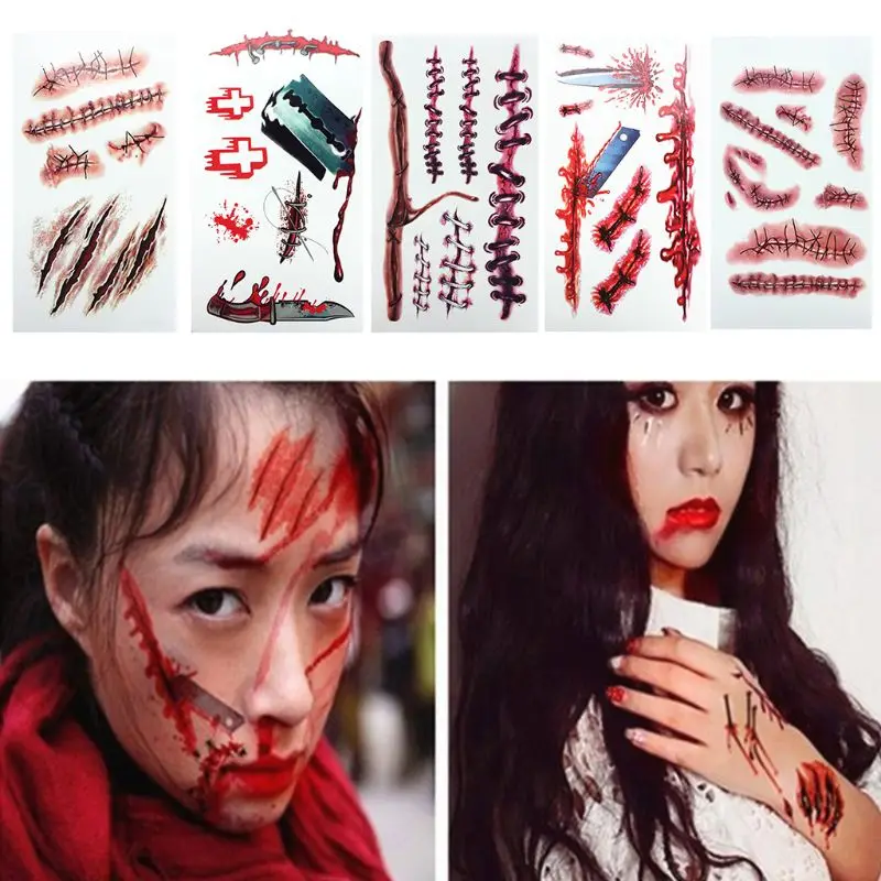 10 Sheets Halloween Waterproof Temporary Tattoo Sticker Horror Realistic Fake Bloody Wound Stitch Scar Scab Cosplay Makeup Props