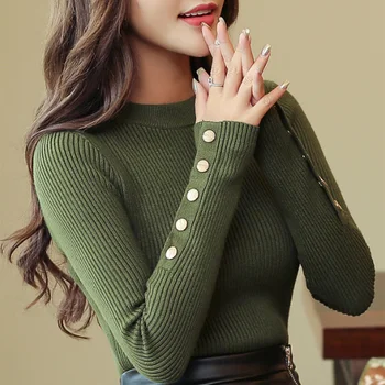 

Fashion Spring Autumn Women Sweater Knitted Long Sleeve O-Neck Sexy Slim Office Lady Button Casual Sweaters Tops