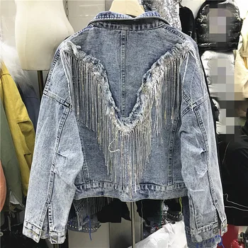 

2020 Spring Autumn New Fringed Sequined Denim Jacket Women's Loose-Fit Short Jean Jacket Womens Top Ropa Mujer Chaqueta