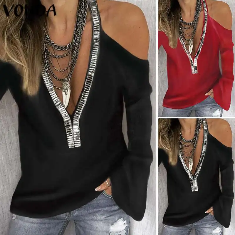 VONDA Women Tops Shirts 2020 Sexy Deep V Neck Sequins Blouse Female Autumn Shirt Elegant Off Shoulder Blouse Plus Size Blusa - 4.00049E+12