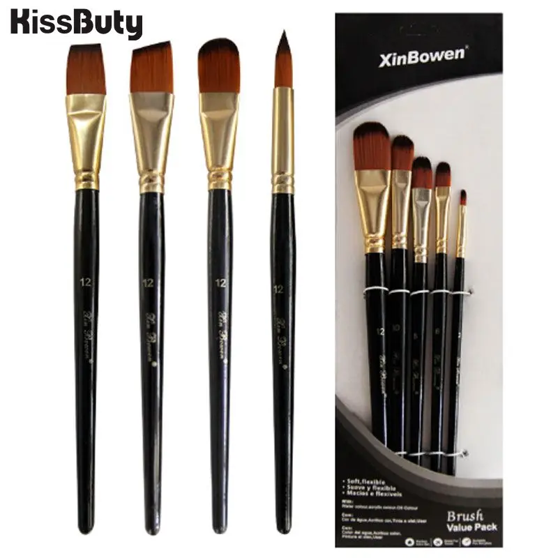

5Pcs/set Paint Brush Watercolor Oil Painting Flat/Round/Slant Hook Brush Pen Nylon Hair Painting Brush Set Art Supplies