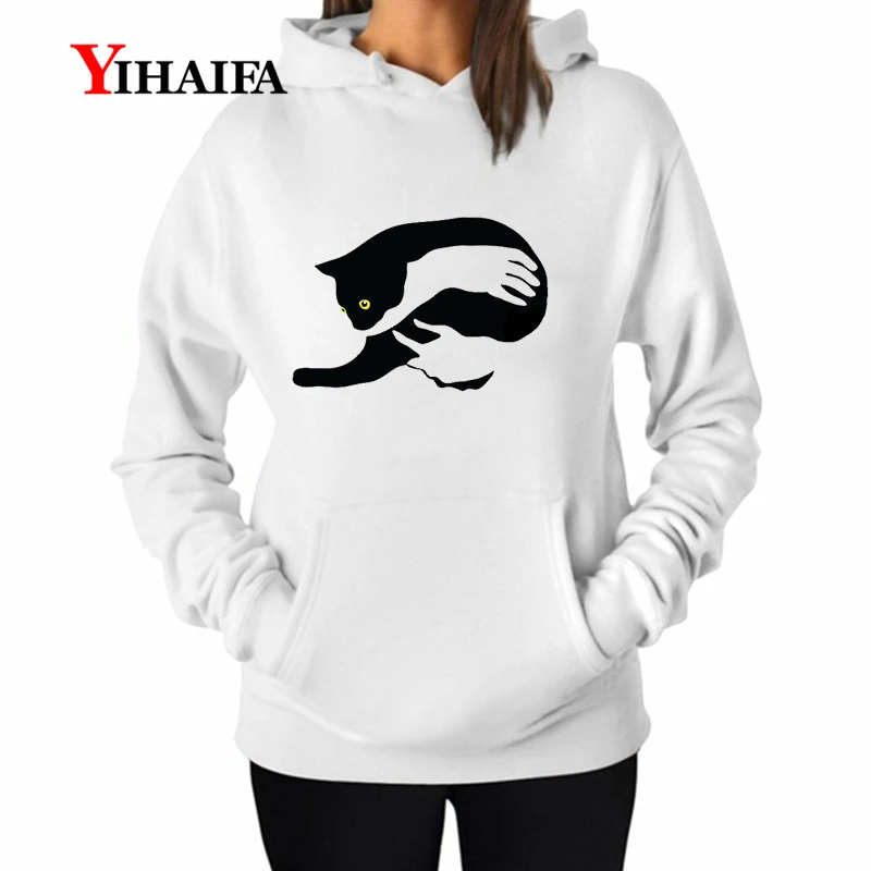 

YIHAIFA Woman Hooded Sweatshirts Embrace Cat itself Women Long Sleeve Pullover Printed Hoodies Female Blouse