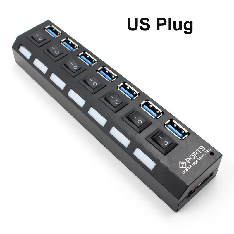 7 Ports with US Plug YuBeter USB 3,0 концентратор Super Скорость несколько 4/7 Порты USB 3,0 концентратор разветвитель расширитель с независимый переключатель для MacBook ноутбука ПК - Цвет: 7 Ports with US Plug