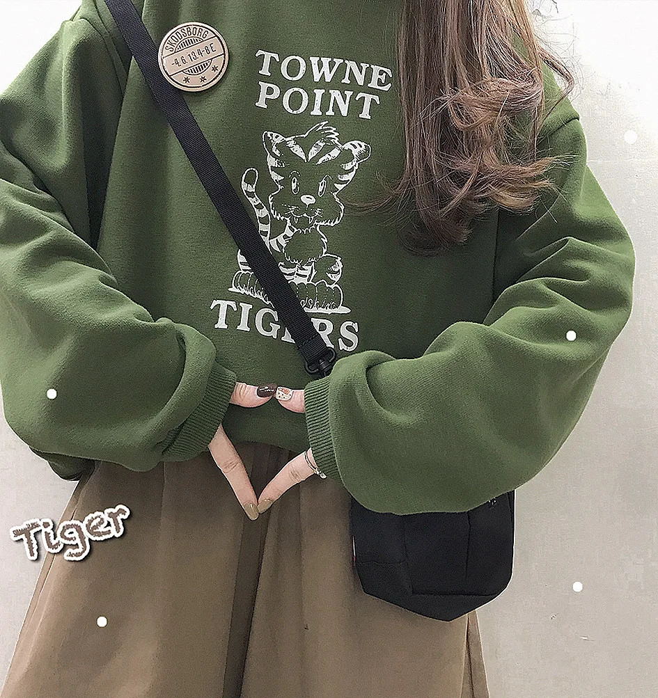 Kawaii Tiger зимняя женская кашемировая теплая Свободная Толстовка с длинным рукавом Пуловеры Толстовки BF стиль простой зеленый желтый