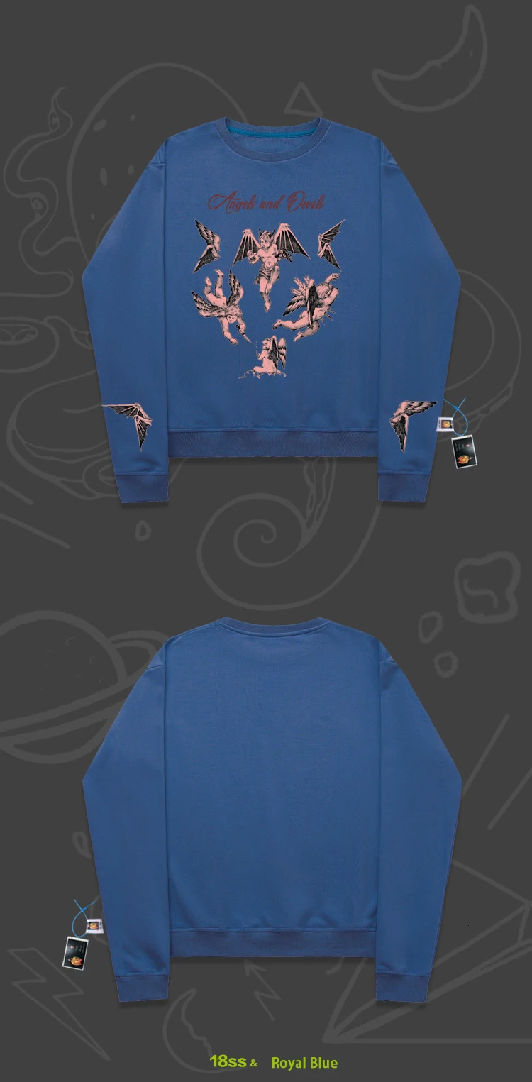 Sweatershirts spoof hophip versatile classic popular Cartoon Print Fun stitching angel with wings retro oversize Unisex coat