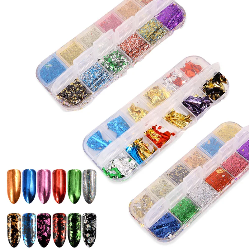 

12 Grid Nail Sequins Paillette Aluminum Irregular Flakes Gold Silver Pigment Nail Art Decoration Mirror Glitter Foil Paper