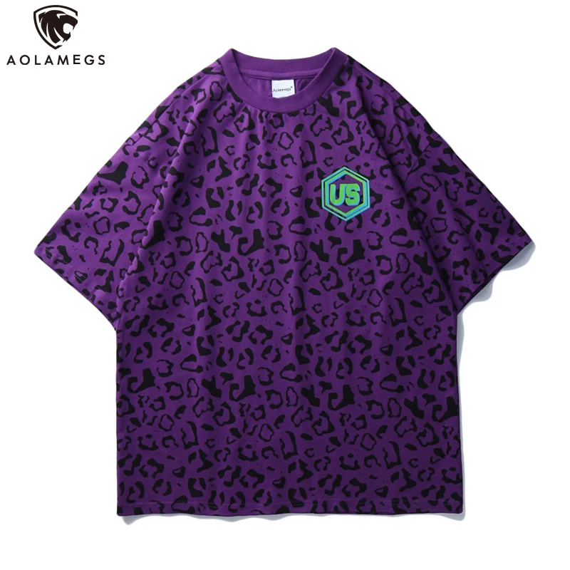 

Aolamegs Men's T Shirt Color Block Printed Casual O-Neck Summer Cute High Street Baggy Lovers All-match High Quality Streetwear