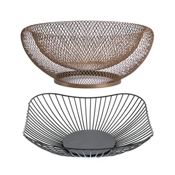 

2pcs Wrought Iron Fruit Basket Double Layer Nordic Style Dried Fruit Candy Storage Plate Food Tray - Black & gold