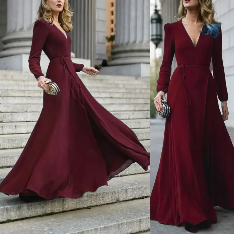 Women Sexy Formal Maxi Dress V Neck Long Sleeve Solid color Bandage...