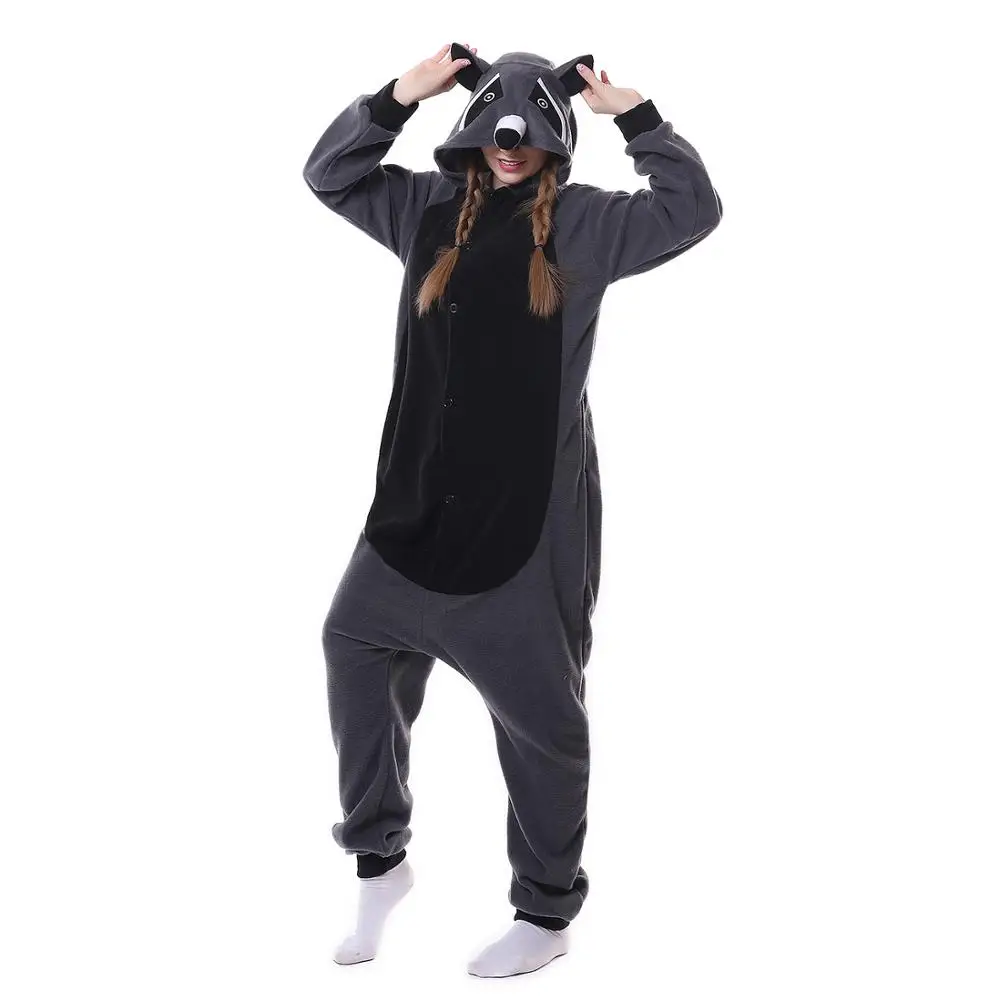 HKSNG Kigurumi Adult Raccoon Onesies Animal Pajamas Gray Racoon Cosplay Costume For Adult Couples Halloween Pijamas