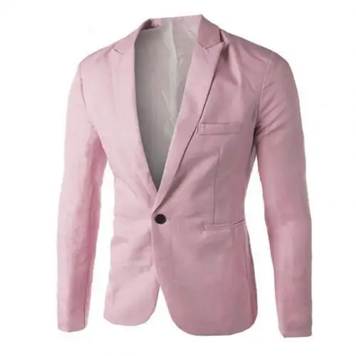 Men Blazer Office Suit Jackets Solid Color Long Sleeve Lapel One Button Blazer Suit Coat Male blazers Men's Business Blazers - Цвет: Розовый