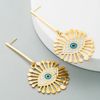 

Korean Fashion Stainless Steel Drop Earrings Fashion Lady Hollowing Out Round Oil Drop Evil's Eye Stainless Steel Tassel Earings