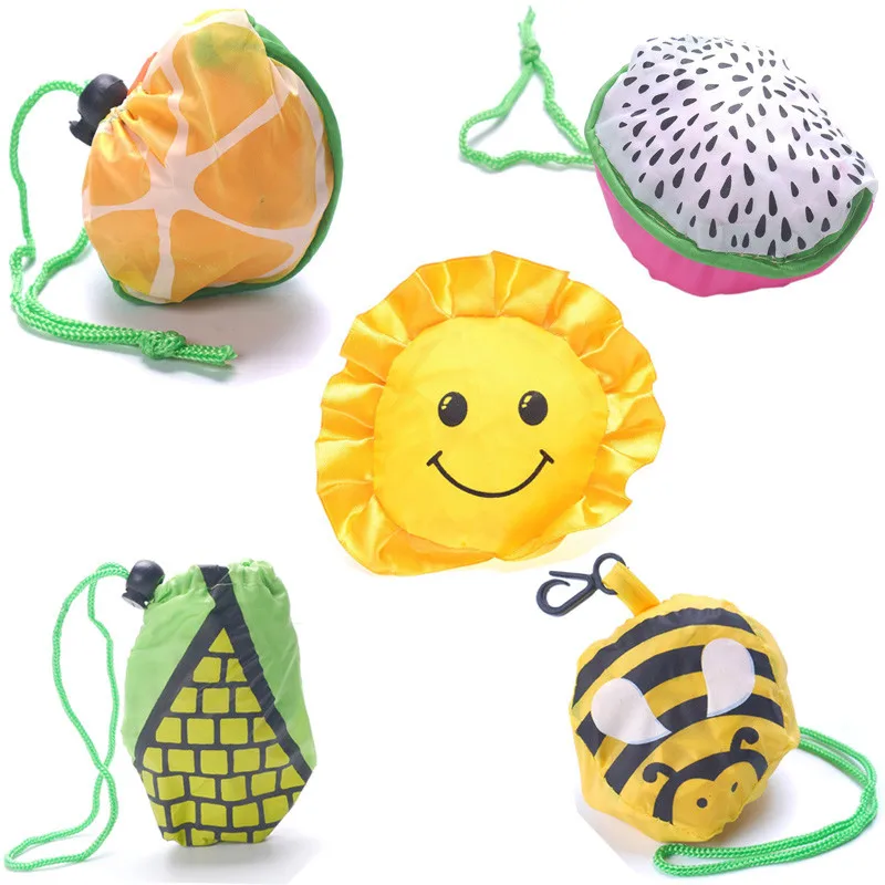

Eco Friendly Foldable Shopping Bag Cartoon Fruit Flower Printed Reusable Polyester Shoulder Bag Portable Grocery Bags for Women
