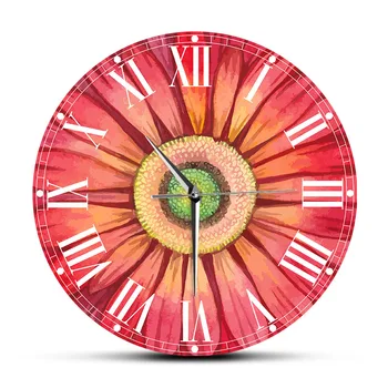 

Red Watercolour Gerbera Daisy Paints Large Wall Clock Watch Sunflower Floral Pattern Horologe Living Room Decoration Mute Clocks