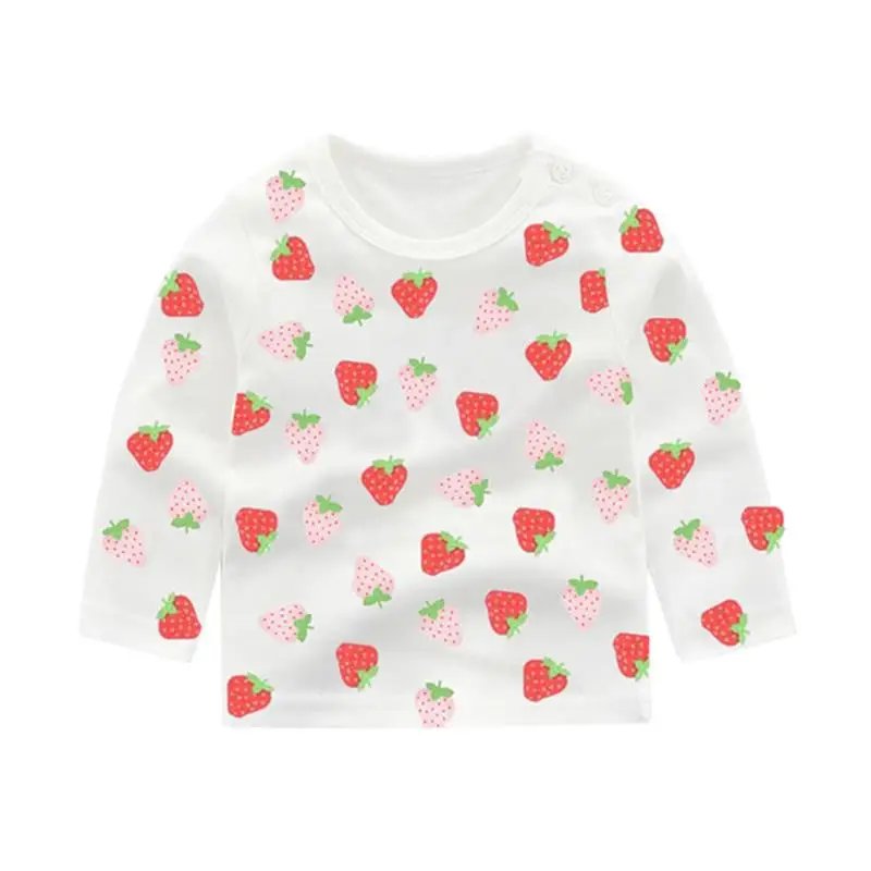Осенняя одежда для младенцев, Повседневная рубашка для маленьких мальчиков и девочек топы в полоску с длинными рукавами и цветочным рисунком в горошек для маленьких девочек, Рубашки детские топы - Цвет: strawberry