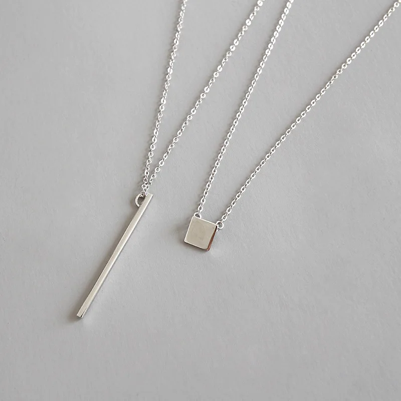 Korean-style Silver Accessories Genuine Product 925 Sterling Geometry Vertical Square Tube Square Long Necklace Pendant Necklace