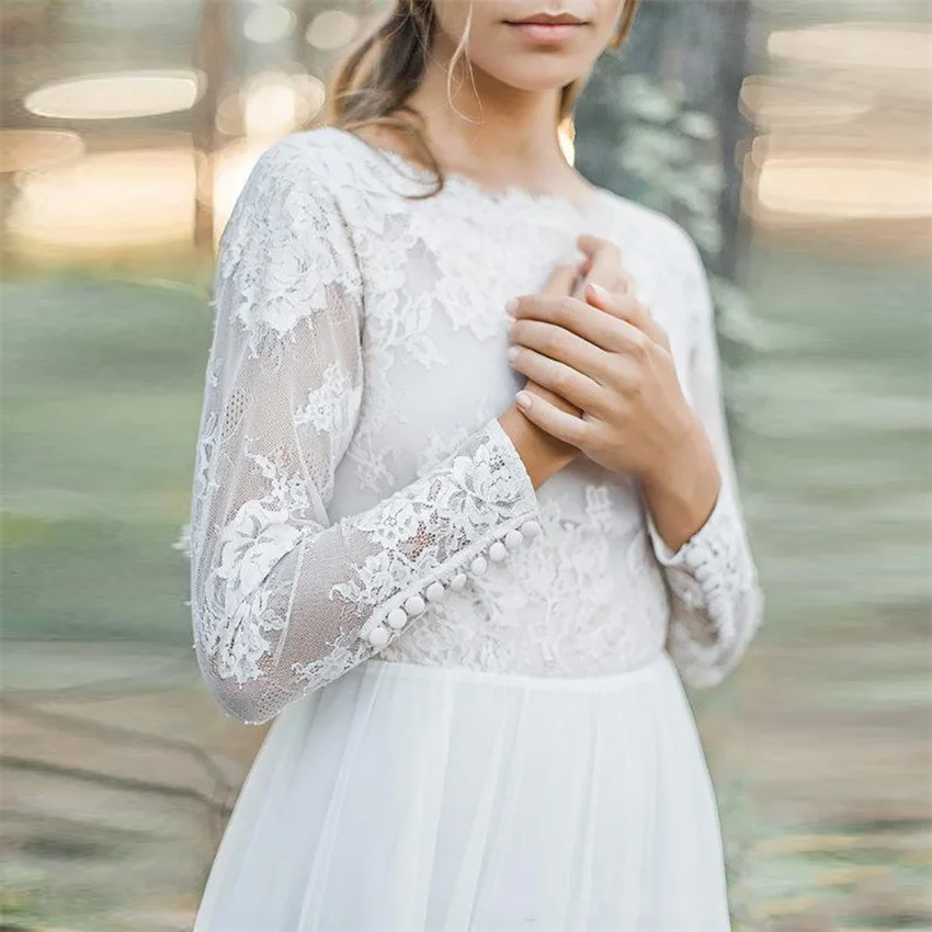 

Simple Beach Wedding Dress Long Sleeves Lace-top Plus size Elegant Sweep-floor Buttons Wedding Gowns Boho Vestido De Novia Playa
