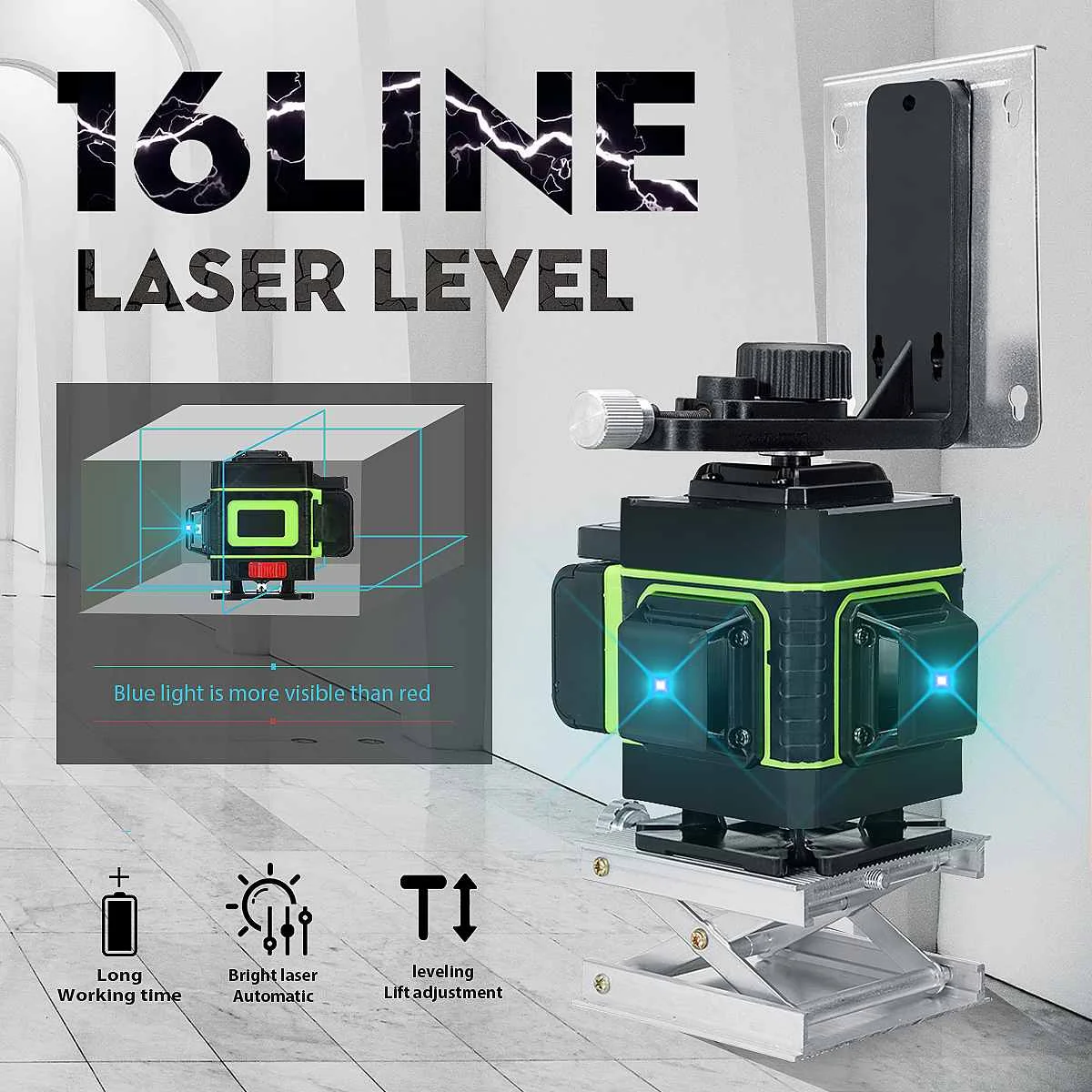 

Blue Laser Line Level Instrument Positioning Waterproof Wear-Resistant Self-balancing 3D16 line 360 Degree Horizontal Vertical