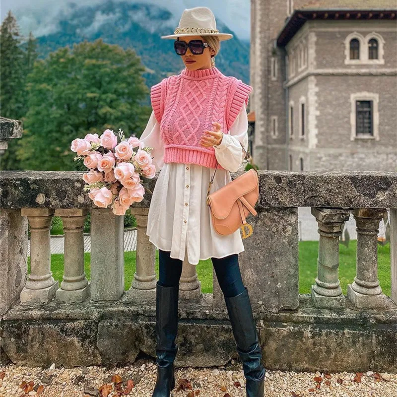 

Женский трикотажный свитер бренди, осенне-зимняя одежда 2021, модные женские пуловеры с высоким воротником, женский свитер без рукавов, Новин...