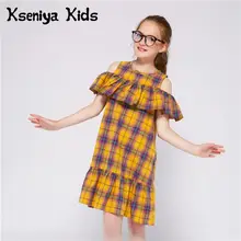 Kseniya/детское Хлопковое платье в клетку с открытыми плечами и рюшами для девочек; пляжные Вечерние Повседневные платья для школы