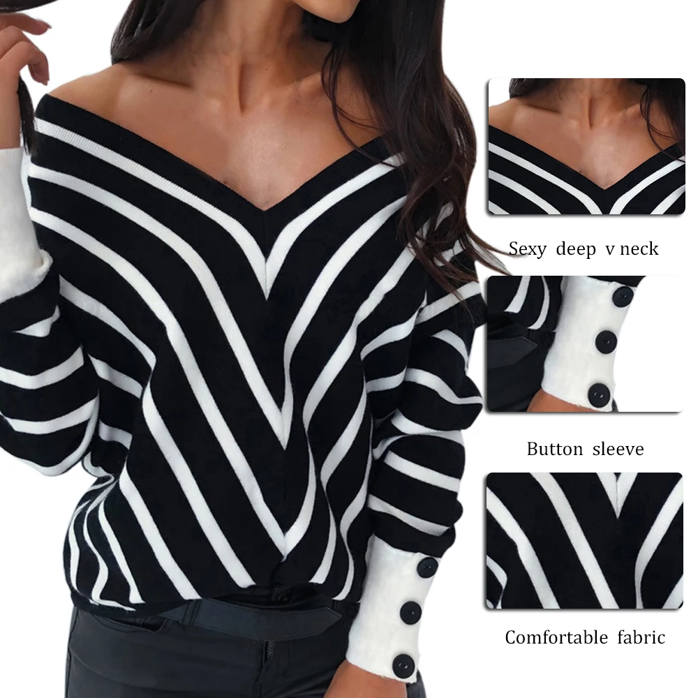 Women Striped V Neck Shirt Button Puff Sleeve Blouses Tops New Arrival Autumn Black-White Stripes Off Shoulder Ladies Shirt