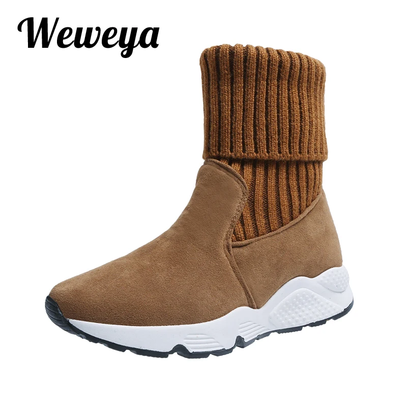 Модные женские ботинки носки Weweya на плоской подошве эластичные ботильоны для