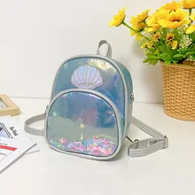 Mochila con cremallera para niña pequeña, bolso escolar informal con bordado de concha de estilo dulce, bolsa de mensajero láser de arena movediza, PU