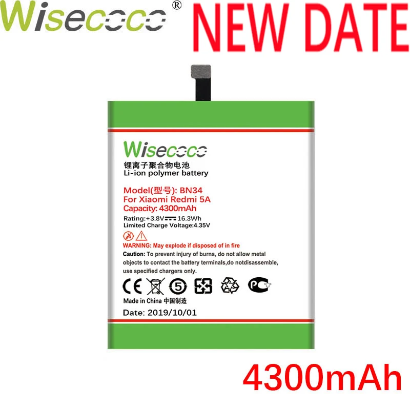 Wisecoco BN34 4300 мАч новая производственная батарея для Xiaomi Redmi 5A телефон Высокое качество Замена батареи Ремонт+ номер отслеживания