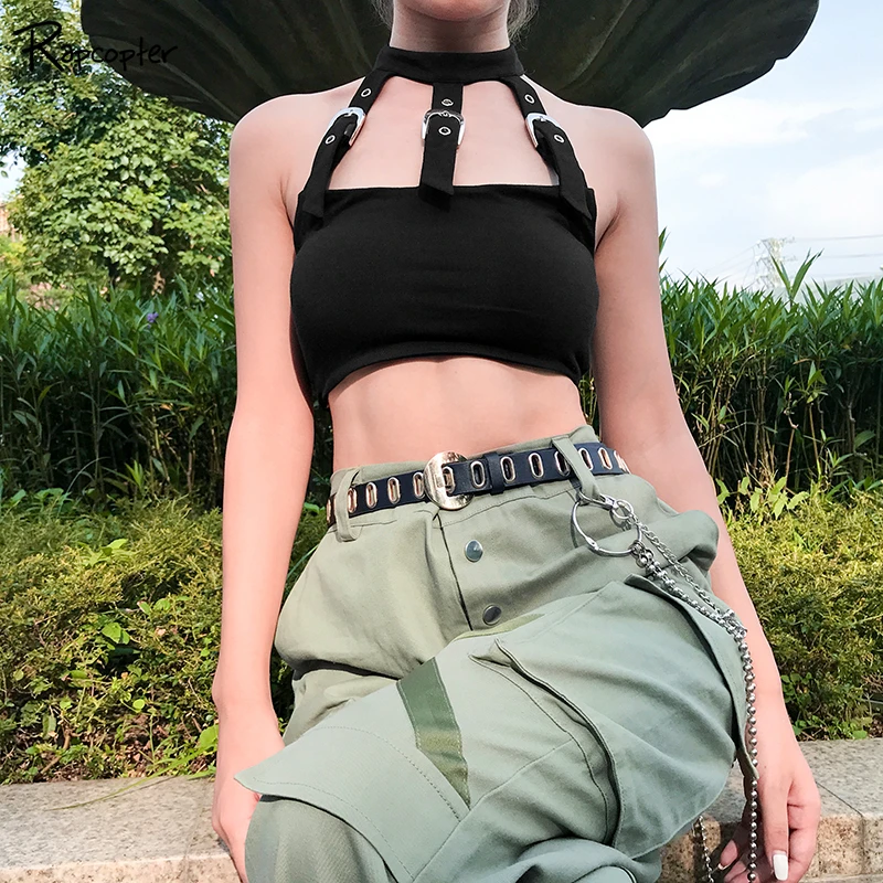 

Rapcopter Hollow Out Women Punk Style Tank Tops Halter Summer Backless Sexy Cropped Tops Ladies Streetwear Cotton Fashion Top