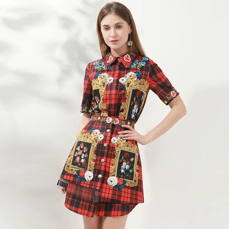 2020 Lente Landingsbanen Vrouwen Hoge Kwaliteit Korte Mouwen Plaid Shirts + Kwasten Rokken Tweedelige Set B470 2020 Lente Landingsbanen Vrouwen Hoge Kwaliteit Korte Mouwen Plaid Shirts + Kwasten Rokken Tweedelige Set B470