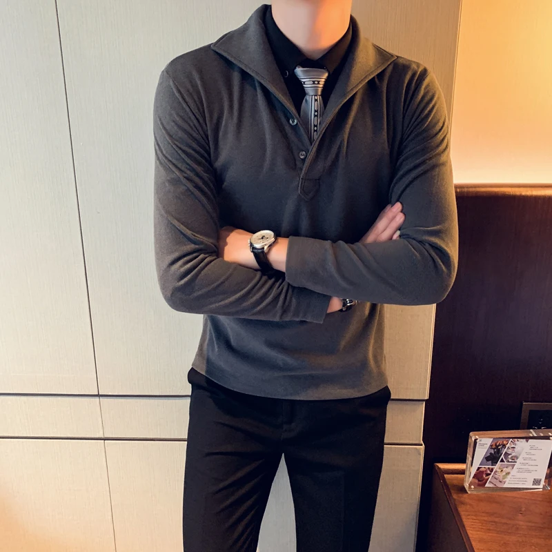 Осень Зима футболка мужская мода длинный рукав Толстые мужские футболки Slim Fit пуловер отложной воротник теплая бархатная безрукавка рубашки