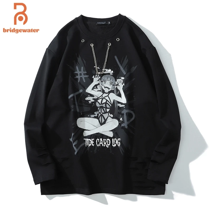 

BRIDGEWATER Sweatshirts Men Sexy Japanese Comics Girl Print Broken Hole Chain Streetwear Gothic Punk Pullover Sweatshirt